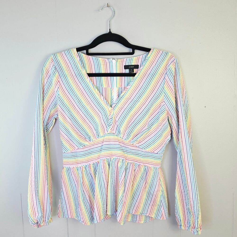 J.Crew Rainbow Stripe Seersucker Peplum Top Size 6 Preppy Coastal Fun Maximalist